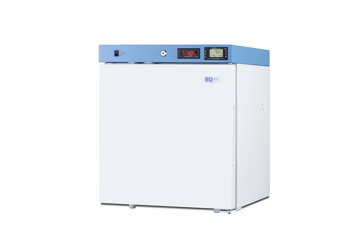 Compact healthcare all-refrigerator certified to NSF/ANSI 456 with self-closing solid door, front lock, digital controls, and NIST-calibrated temperature readout